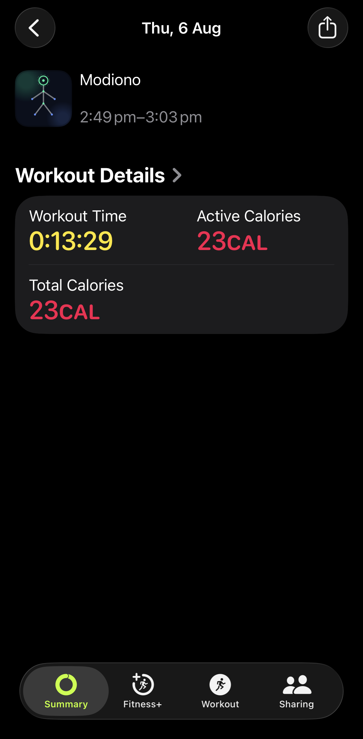 Apple Health activity screen showing a Modiono AI fitness coach workout