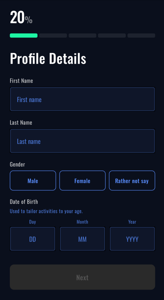 Modiono app screen showing profile details to enter when signing up including name, gender and data of birth