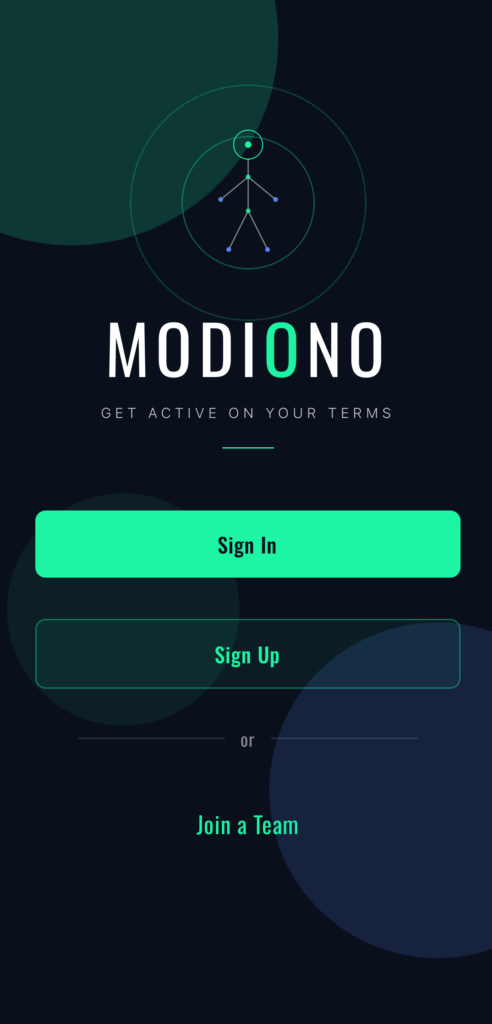 Modiono app welcome screen showing Sign In and Sign Up options